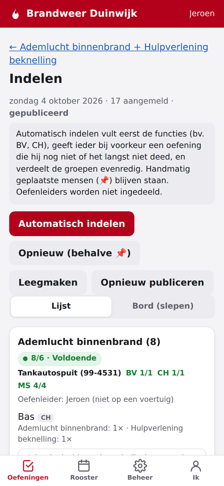 Screenshot: Automatisch indelen over oefeningen en voertuigen
